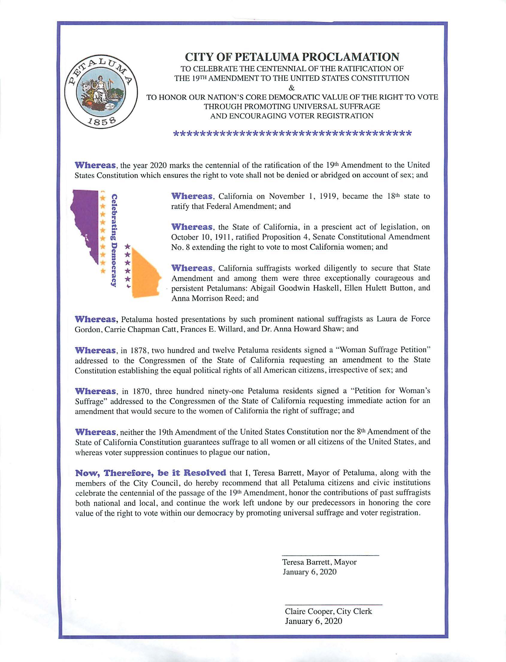 City of Petaluma Proclamation to celebrate the Centennial of the Ratificationn of the 19th Amendment