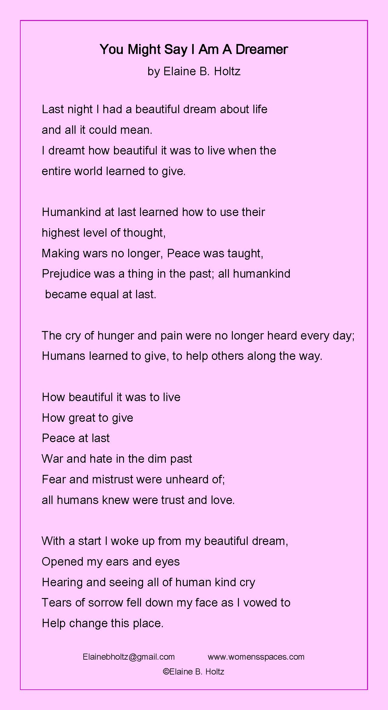 You Might Say I Am a Dreamer by Elaine B. Holtz