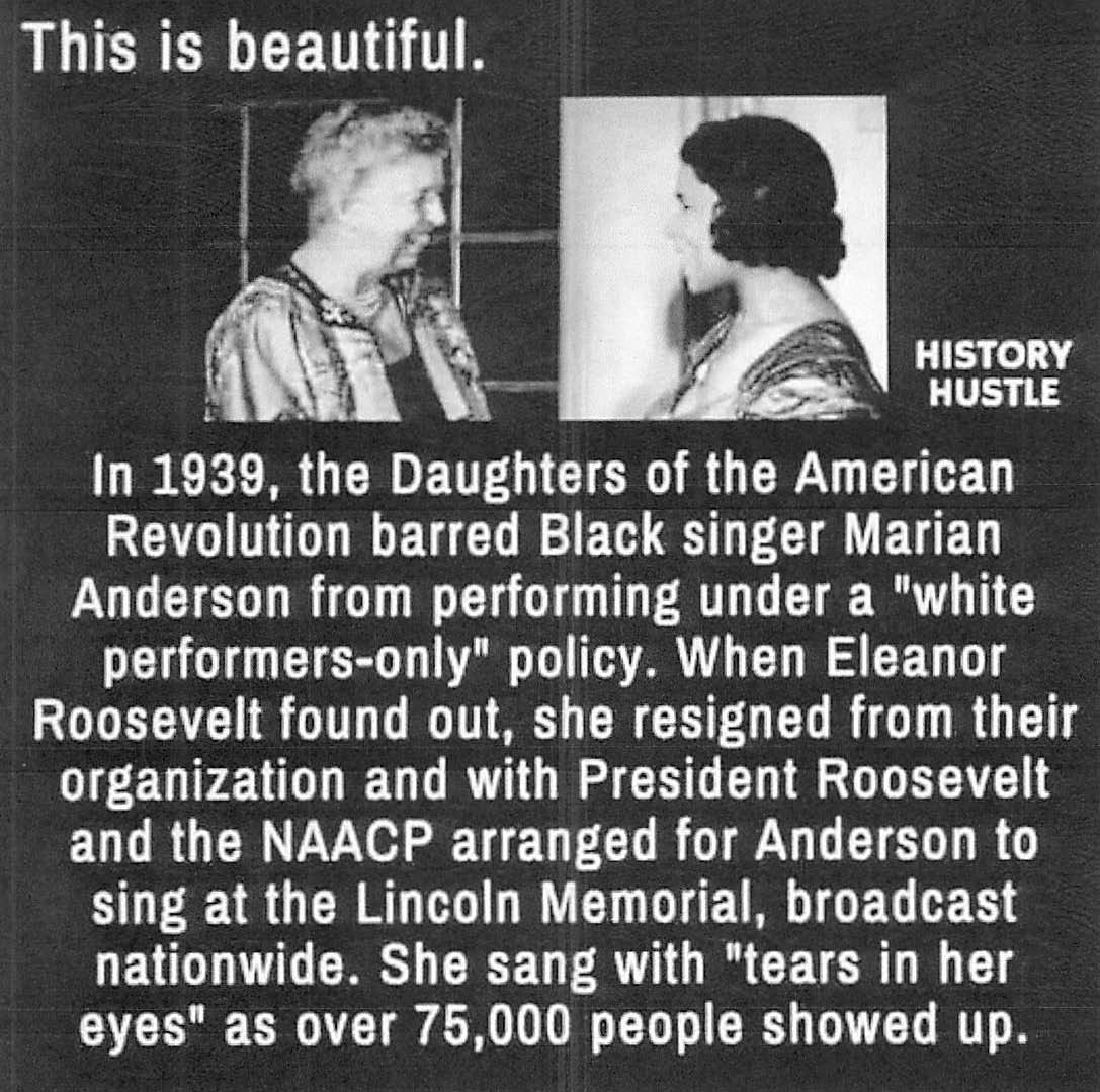 Eleanor Roosevelt arranges for Marian Anderson to sing at Lincoln Memorial on 4/9/1939