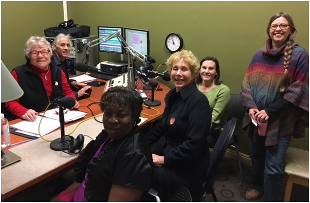 Elaine B. Holtz, Co-Producer/Host of Women's Spaces, and Ken Norton, Co-Producer/Sound Engineer, with guests Nancy Rogers and Dr. Harriet Fraad in front, and behind friends June Brashares and Eileer Moribito after the show of February 27, 2017 in the new studio in Santa Rosa, CA at Radio KBBF 89.1 FM - Photo by Francisco Lozano, KBBF-fm.org Webmaster