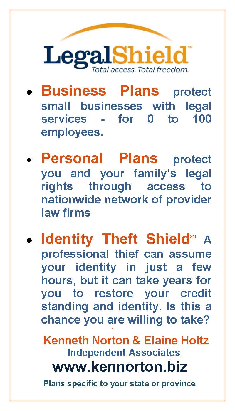 LegalShield for Business and Personal legal plans and for Identity Theft Shield with link to website www.kennorton.biz